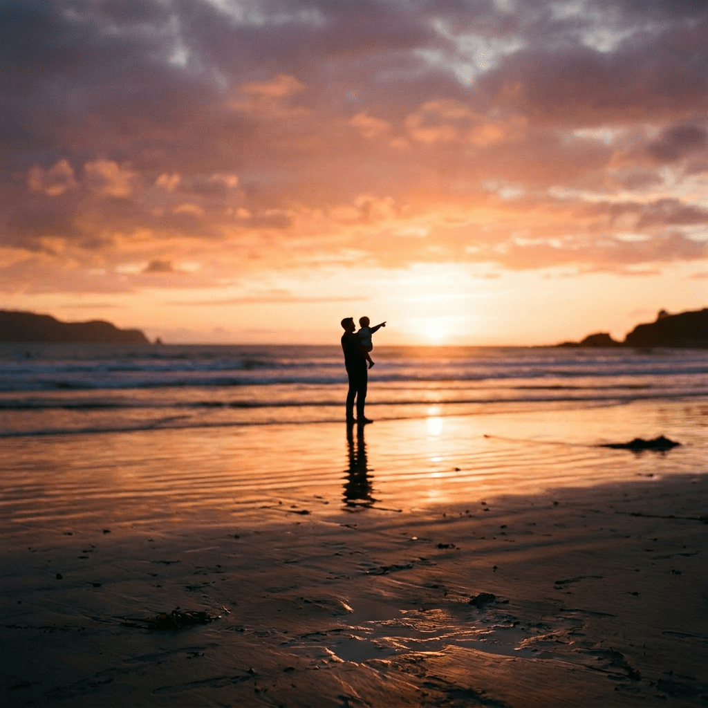 Silhouetted adult holding child pointing at ocean sunset on beach