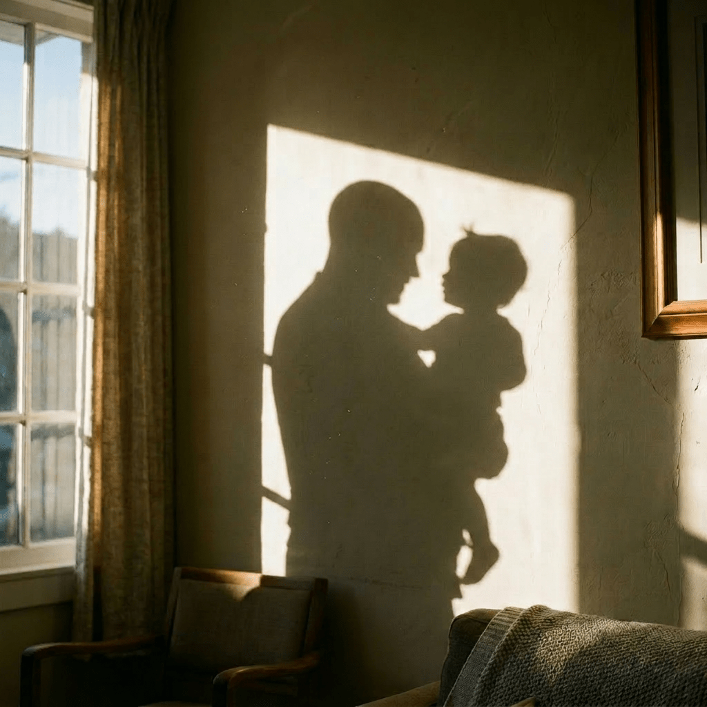 Silhouette of a man holding a baby against a sunlit wall