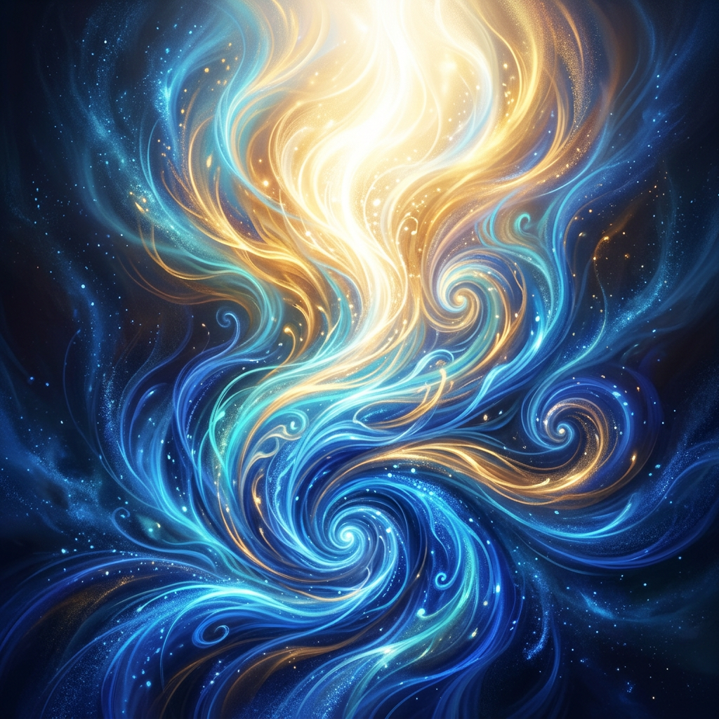 Swirling pattern of blue and gold light resembling cosmic energy or nebula